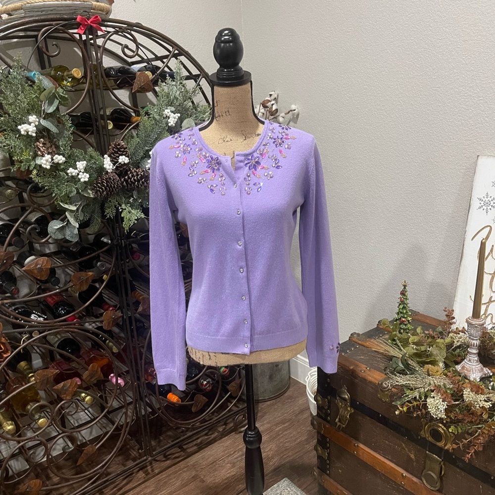 George Women's Lavender Cardigan with Faux Stone Floral Details